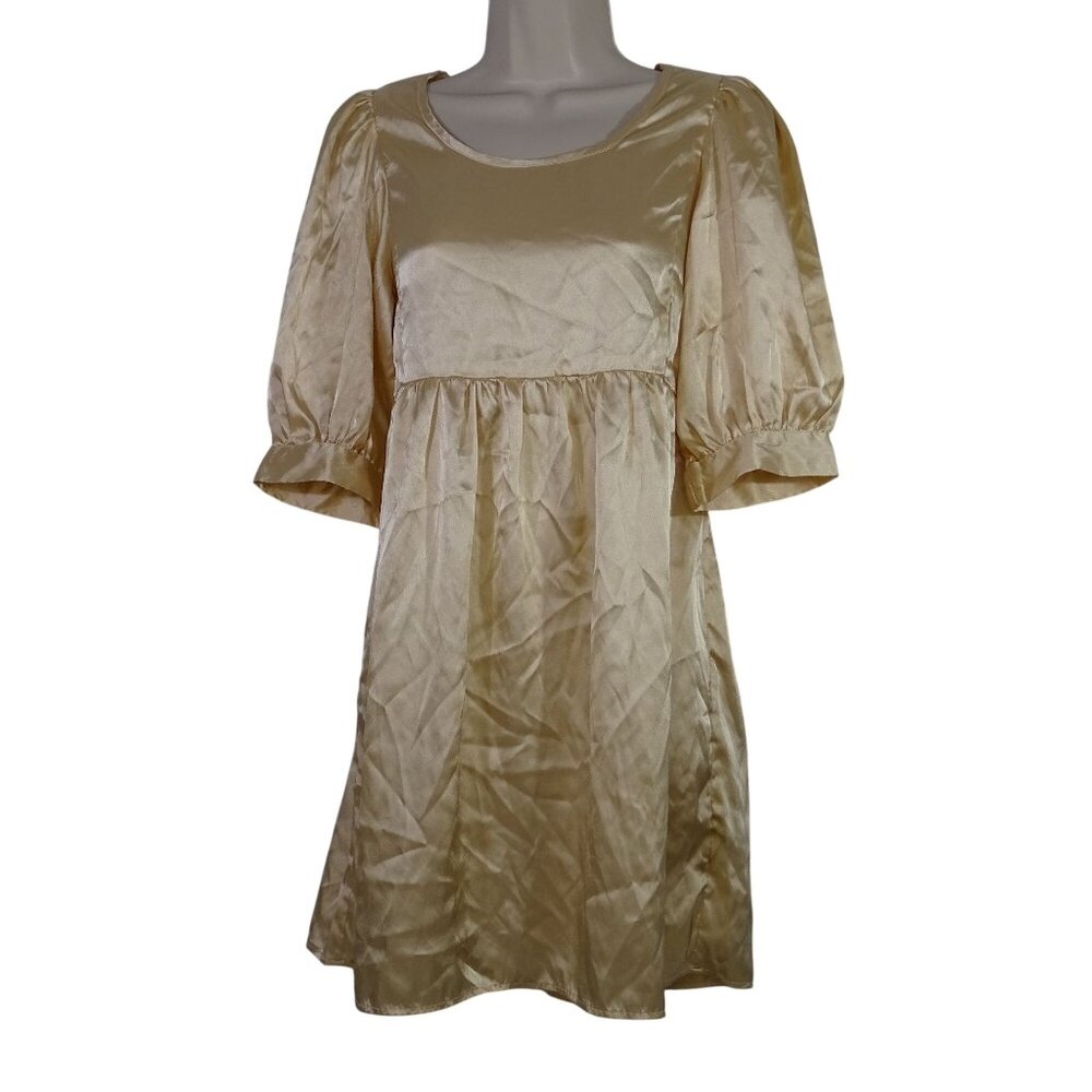 Tramp Tan Puff Sleeve Dress Women Size M Above Knee Ties at Waist